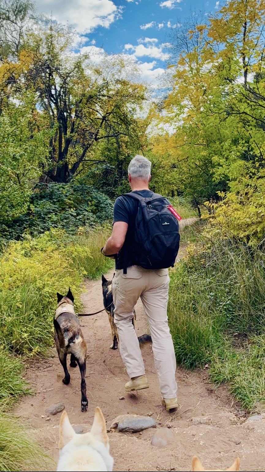 David walking a wooded trail with dogs